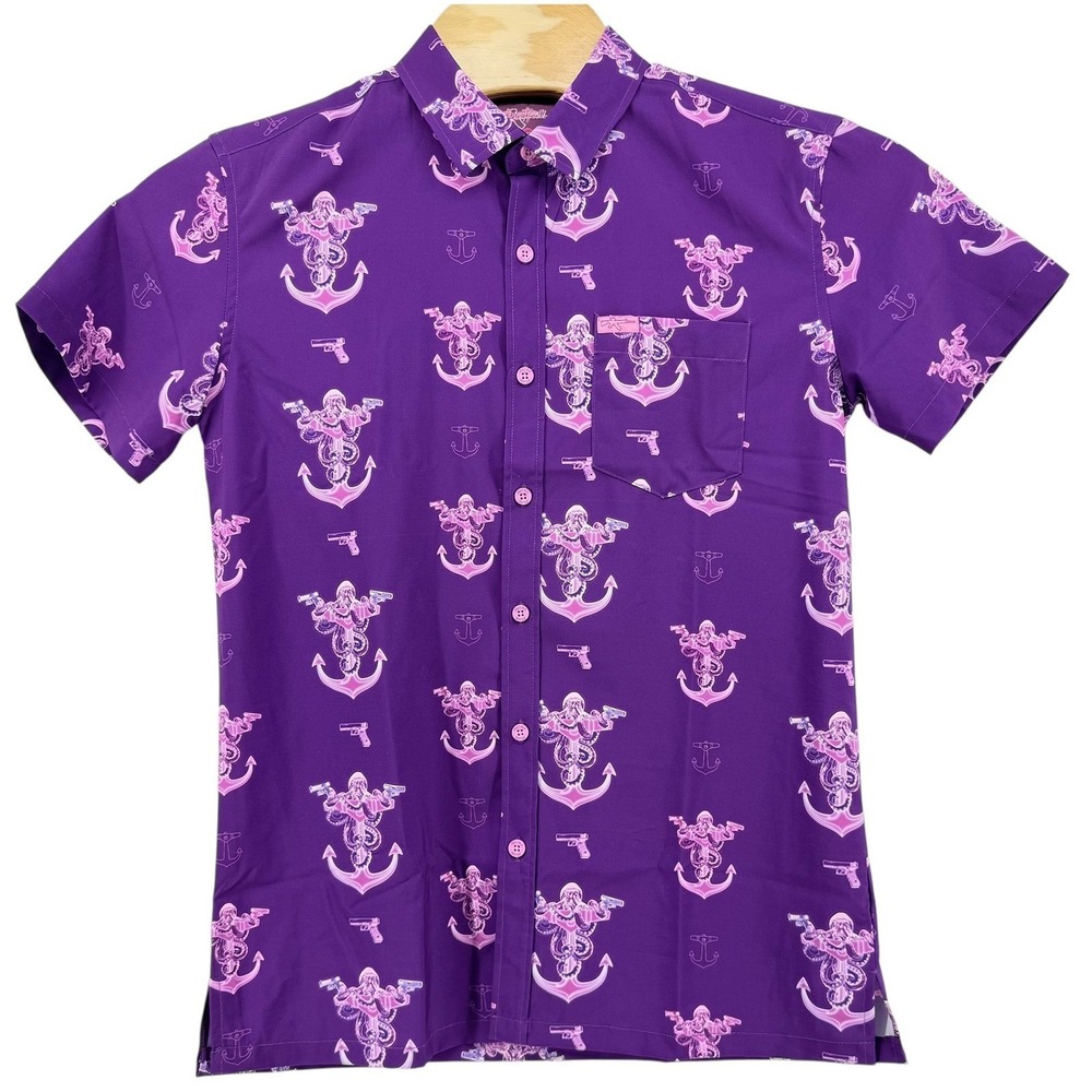 Retro‎ Rifle Glocktopus Mens Medium Purple Pink Octopus Anchor Button Down Shirt